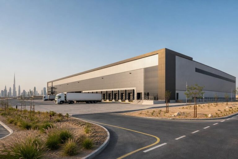 Modern industrial warehouse with loading bays and paved logistics yard in the UAE