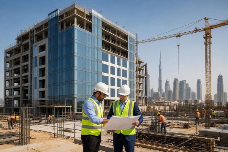Engineers reviewing plans at a modern commercial building construction site in Dubai, UAE.